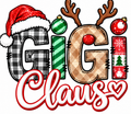 GIGI Claus Christmas artwork with plaid lettering, Santa hat, reindeer antlers, and ornaments.